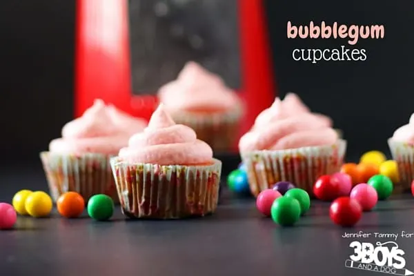 Bubblegum Cupcakes - a fun candy-inspired cupcake perfect for serving at a kids' birthday party. A raspberry-vanilla cupcakes kids and adults will love