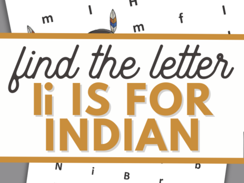 Worksheet titled find the letter Ii IS FOR INDIAN featuring scattered letters and small illustrations of children wearing feathered headbands at the bottom. Perfect for Thanksgiving printables for kindergarten, combining fun with learning in a festive way.
