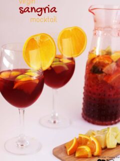 This Virgin Sangria Mocktail Recipe is a fun and festive option that is super quick to whip together right before your guests arrive, or even with them helping!