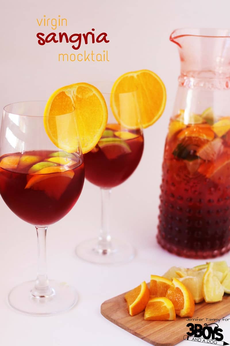 This Virgin Sangria Mocktail Recipe is a fun and festive option that is super quick to whip together right before your guests arrive, or even with them helping!