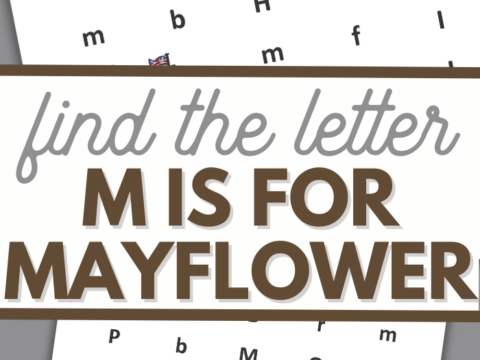 Text reads find the letter M is for Mayflower against a backdrop of scattered letters. An illustration of a ship graces the bottom, perfect for adding a festive touch to Thanksgiving printables for kindergarten.