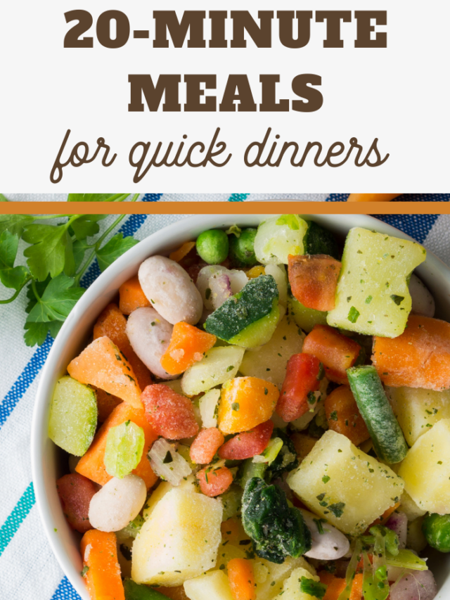 A bowl of colorful mixed vegetables, including carrots, potatoes, and beans, lies on a striped cloth. Above, text reads "20-Minute Easy Meals for Quick Dinners," perfect for effortless weeknight meals.
