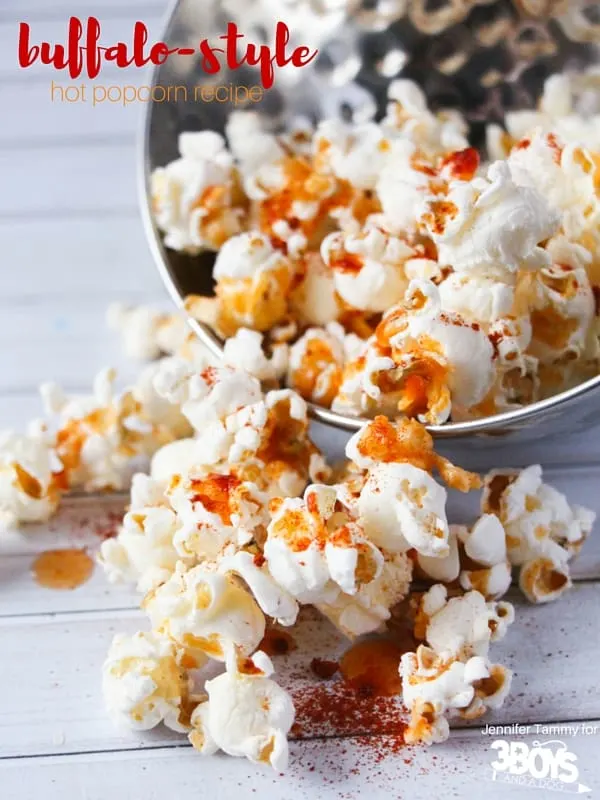 A delicious and healthy twist on a buffalo chicken dip or buffalo wings, this buffalo style hot popcorn recipe hits the spot with none of the fat of the original