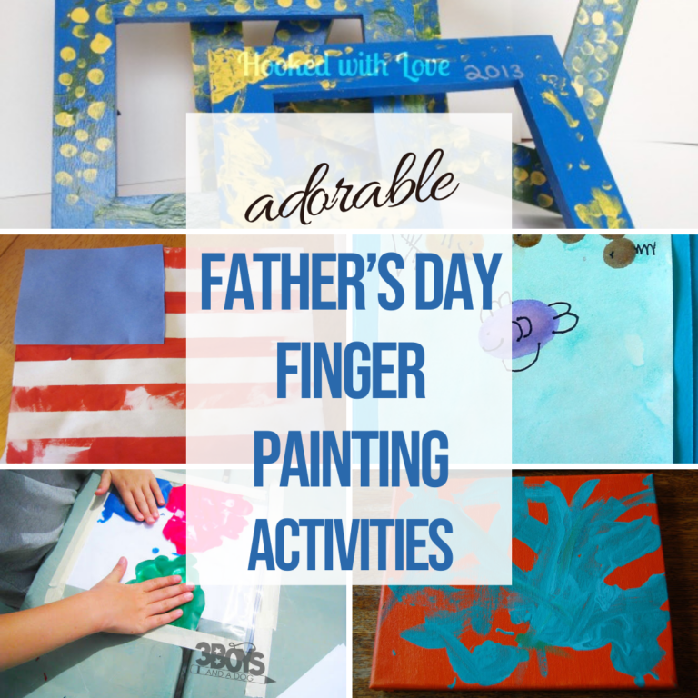 A collage of childrens finger painting art and decorated frames with “adorable Father’s Day Finger Painting Ideas” written in bold blue and black letters over the images.