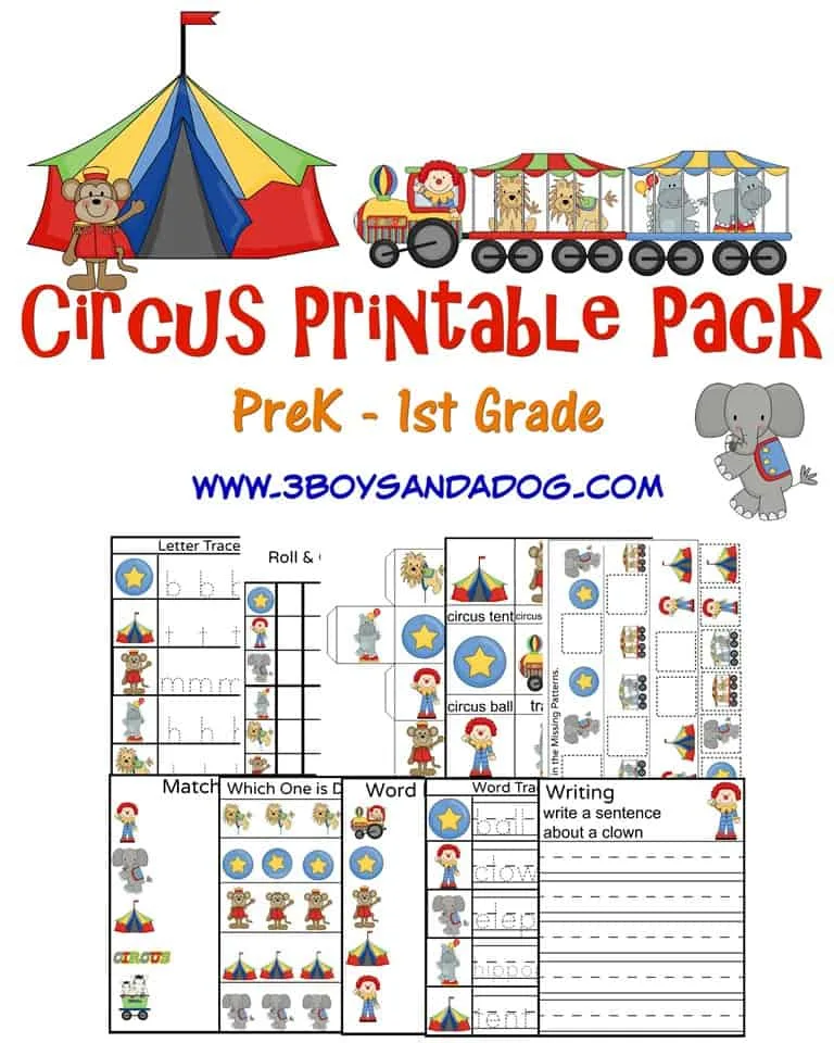 Circus Printable Worksheets for preschool through first grade