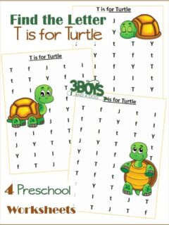 Free printable letter find worksheets: T is for Turtle