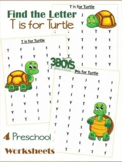 Free printable letter find worksheets: T is for Turtle