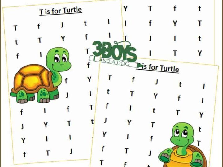 Free printable letter find worksheets: T is for Turtle