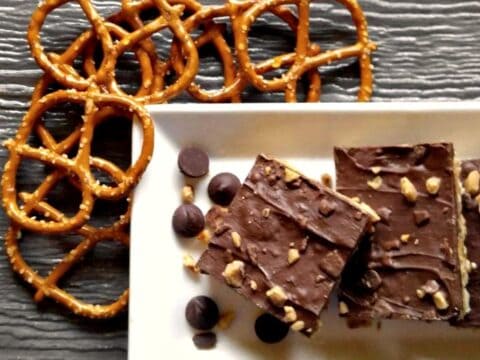 Image for No Bake Chocolate Toffee Peanut Butter Pretzel Bars