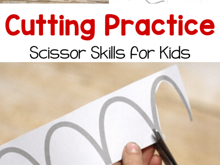 Collage showing scissors and paper. Top images display scissors cutting wavy lines on white paper. Bottom image focuses on hands using red scissors to cut along a wavy line. Text reads: Cutting Practice: Scissor Skills for Kids. Perfect for cutting practice printables for preschoolers.