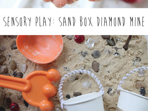 A collage showcasing Arkansas crafts for kids. The first image features hands holding clear, plastic gems. The second shows a sandbox with toy shovels and scattered gems. The third displays a small white bucket filled with sand and plastic gems, sparking creativity.