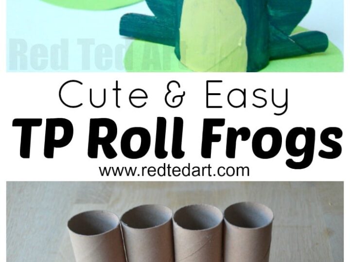 Craft tutorial collage featuring two green painted frogs made from toilet paper rolls with googly eyes, sitting on lily pads. Below, four plain rolls, green paint tubes, and a red tray are shown. Text reads: Cute & Easy TP Roll Frogs—perfect for Missouri crafts for kids.