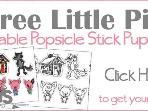 Advertisement for Three Little Pigs printable popsicle stick puppets. Includes illustrations of the pigs, a wolf, and houses. Text reads: Click Here to get yours now! with branding 3 Boys and a Dog.