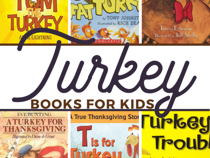 Collage of six childrens book covers about turkeys, featuring titles like Tom the Turkey, Fat Turkey, and Turkey Trouble. Dive into these delightful tales with Turkey Books for Kids from 3boysandadog.com.