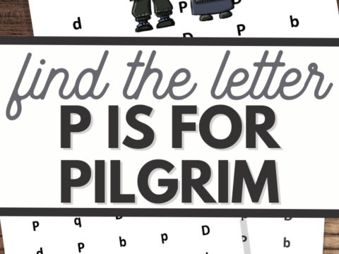 A worksheet titled Find the Letter P is for Pilgrims showcases charming illustrations of a boy and girl dressed as pilgrims. The background is sprinkled with lowercase and uppercase Ps and Ds. The 3 Boys and a Dog logo sits at the bottom, tying it all together.