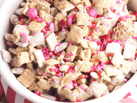Valentine's Day Puppy Chow easy snack mix recipe with cereal and candy melts