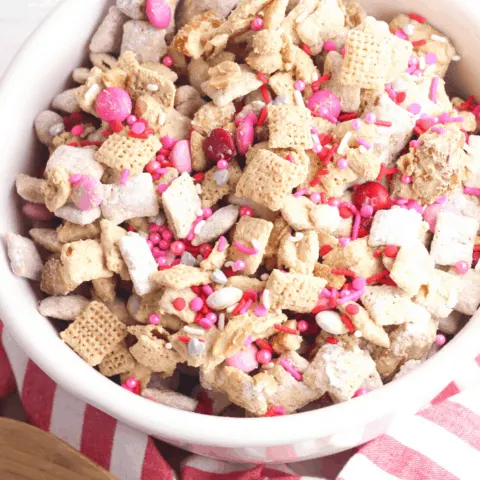 Valentine's Day Puppy Chow easy snack mix recipe with cereal and candy melts