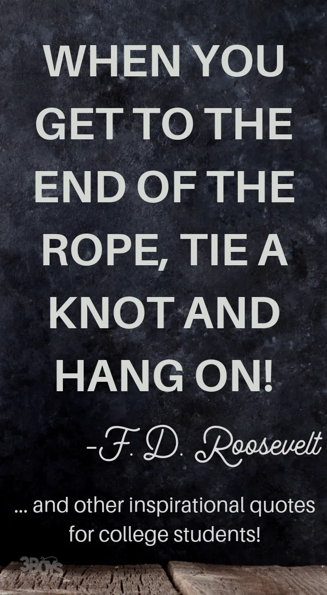 Image of quote that says, when you get to the end of the rope, tie a knot and hang on!"