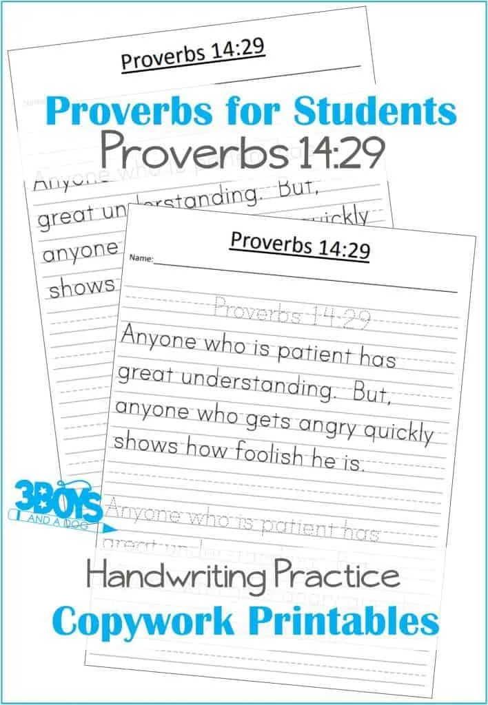 Printable Proverbs 14 29 Bible Verse handwriting worksheet