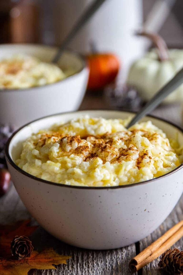 Bowl of creamy rice pudding made with spaghetti squash and topped with cinnamon