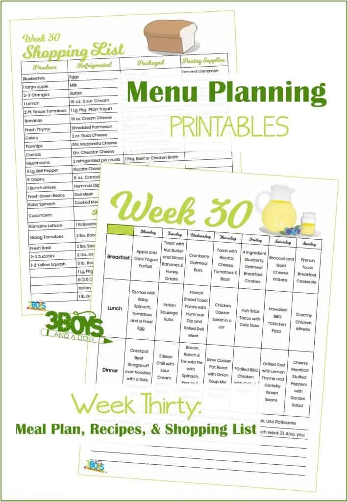 Week Thirty Menu Plan Recipes and Shopping List