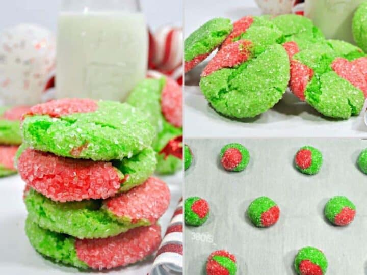 Grinch crinkle cookies made from a boxed cake mix