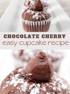 chocolate cupcakes topped with chocolate covered cherry candies