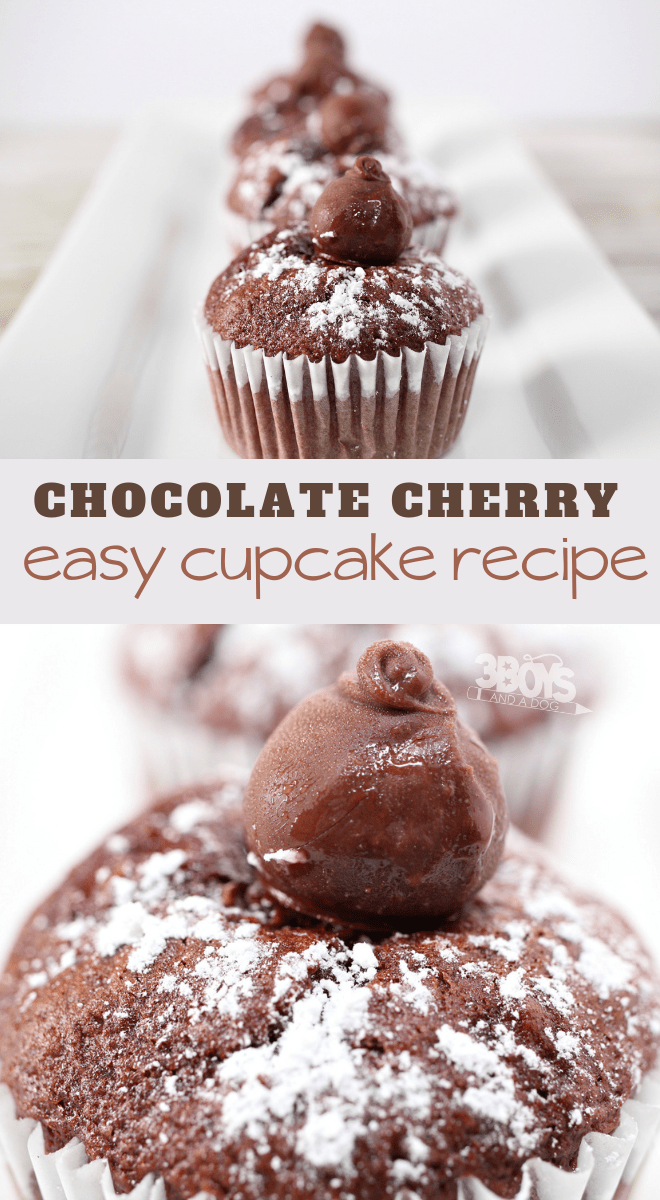 chocolate cupcakes topped with chocolate covered cherry candies