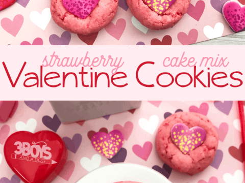 heart print Valentine's Day cookies made from boxed strawberry cake mix