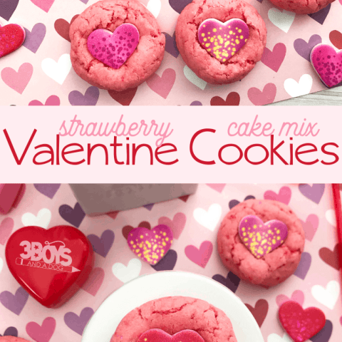 heart print Valentine's Day cookies made from boxed strawberry cake mix