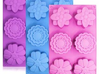 Image for 3 Pieces Silicone Flower Cake Molds, SENHAI 6-Cavity Muffin Jelly Tart Bread Dessert Baking Pans, Chocolate Soap Making Trays - Pink, Blue, Purple