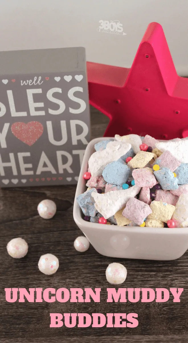 simple Chex mix snack recipe called Unicorn Puppy Chow