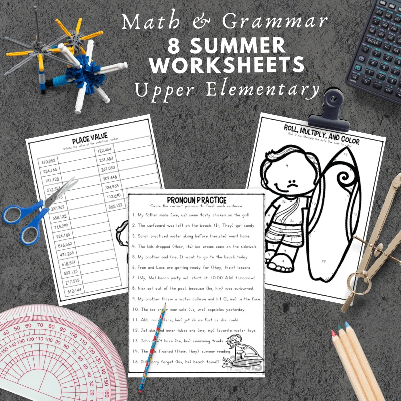 8 Summer Math and Grammar Worksheets for Upper Elementary