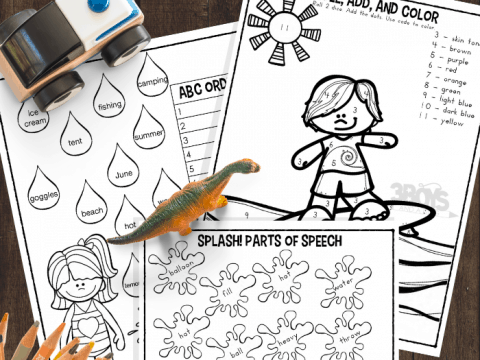 summer themed math and grammar worksheets for Lower Elementary Kids