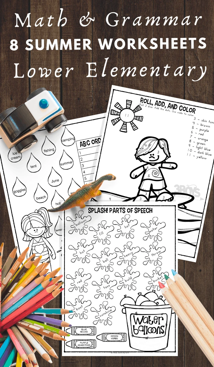 summer themed math and grammar worksheets for Lower Elementary Kids
