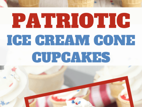 Red, white, and blue ice cream cone cupcakes with white frosting and star sprinkles are artfully arranged on a table. The inset reveals one cut open, showcasing vibrant red, white, and blue layers. A striped cloth adds a festive touch beneath the bold text: Patriotic Ice Cream Cone Cupcakes.