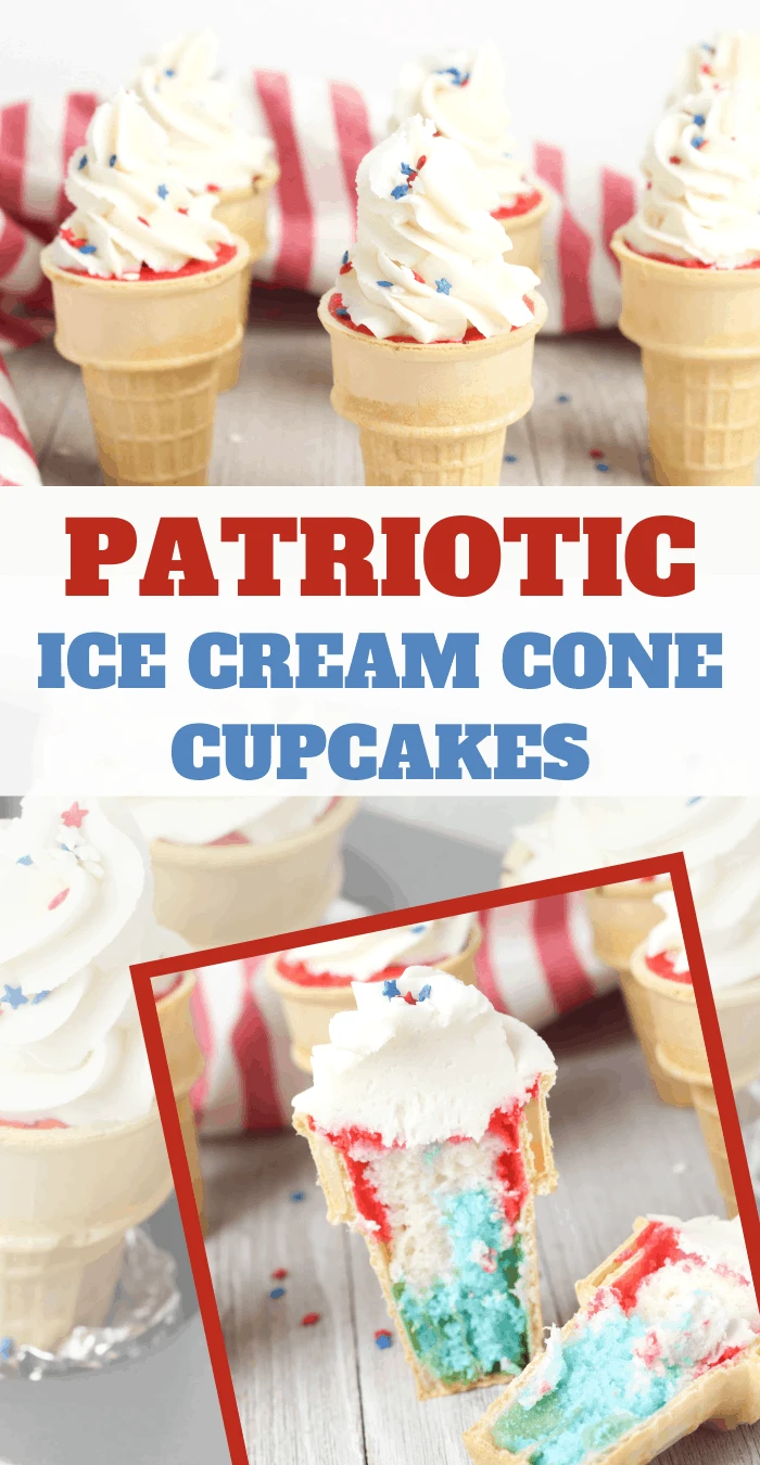 photo of 6 complete ice cream cone cupcakes above photo of ice cream cone cupcake sliced in half.  Sliced cupcake shows the red, white, and blue batter swirls.