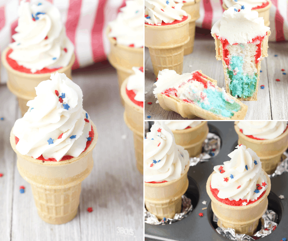 3 images of ice cream cone cupcakes in a collage.