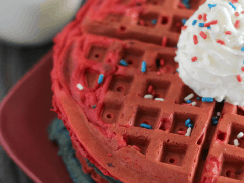homemade red and blue waffles perfect for Dr Seuss Day