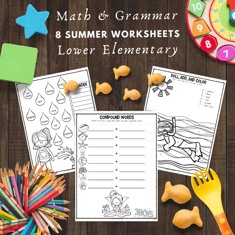 8 Summer Math and Grammar Worksheets for Lower Elementary