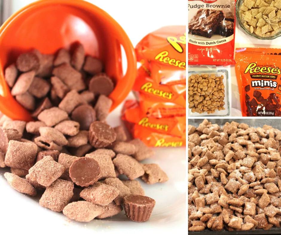 reeses peanut butter cup puppy chow or muddy buddies snack recipe