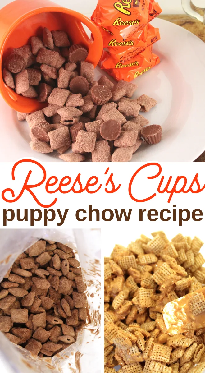chex cereal and Reeses peanut butter cups makes puppy chow recipe