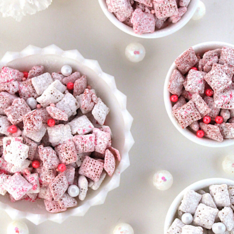 your kids will love eating and helping to make this pink muddy buddies recipe