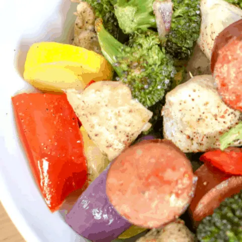 sheet pan chicken dinner with sausage and veggies