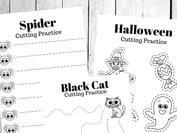 Halloween cutting practice worksheets for kids feature playful designs, including a spider, black cat, and icons like a ghost and witch hat. A pair of scissors sits beside these Halloween-themed worksheets, inviting young hands to explore the spooky fun.