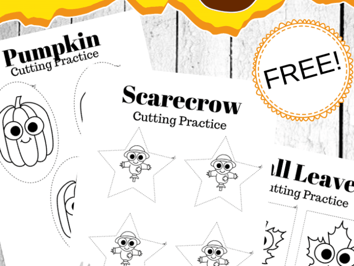 A fall-themed preschool worksheet set designed for cutting practice with kids. It features a pumpkin, scarecrow in stars, and fall leaves. A pair of blue scissors sits beside the worksheets. The text reads FREE! at the top—a perfect fall cutting practice for preschoolers.