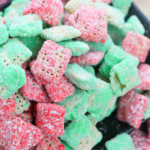 your kids will love eating and helping to make this red and green Christmas muddy buddies recipe