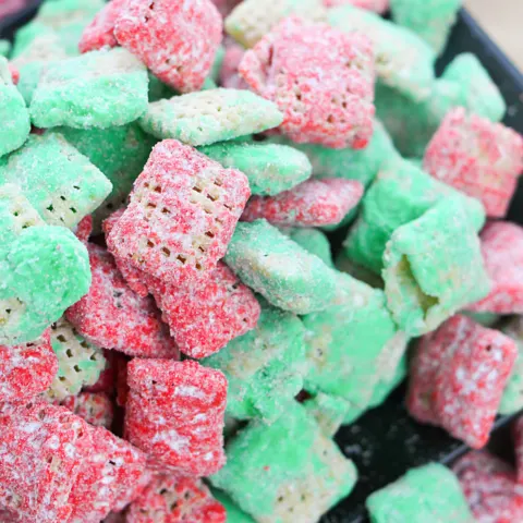your kids will love eating and helping to make this red and green Christmas muddy buddies recipe