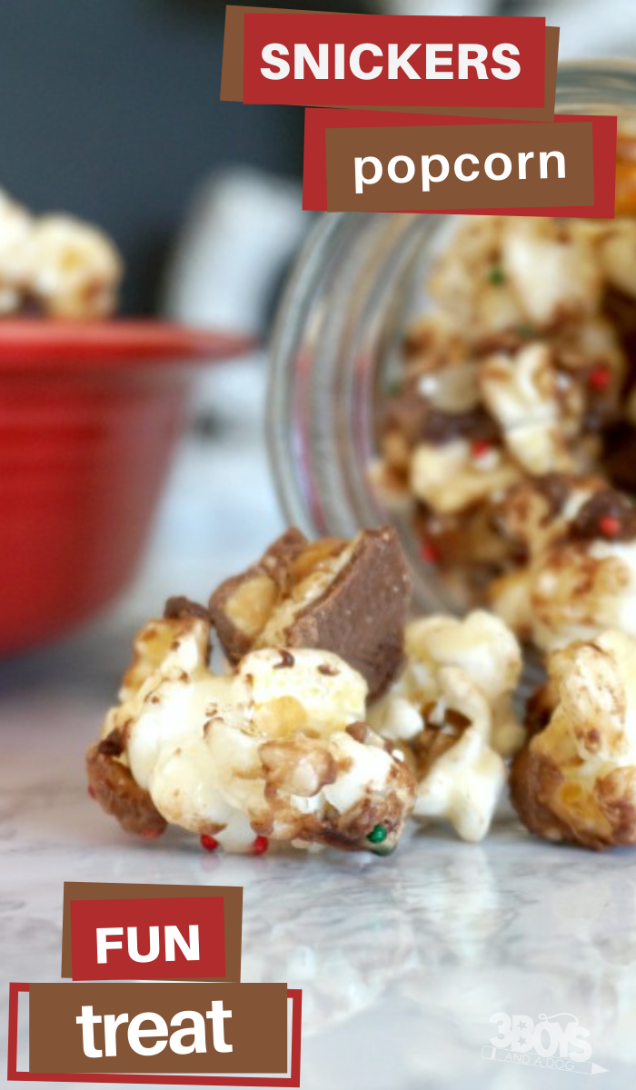 delicious gourmet popcorn recipe for Christmas with chopped Snickers