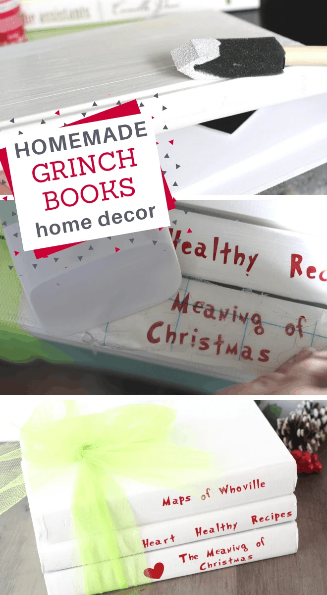you can make this easy Grinch Themed Book Stack decor